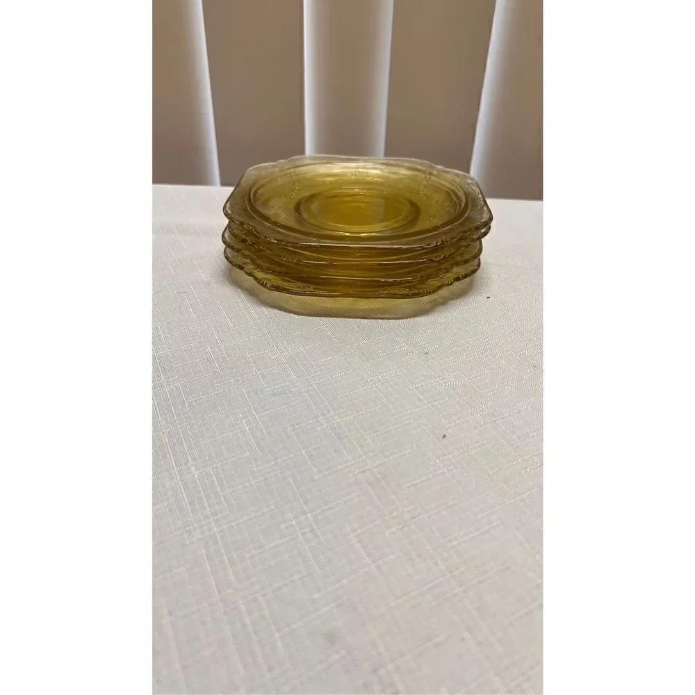 Vintage Federal Glass Gold Depression Yellow Bread And Butter Plates Set of 4